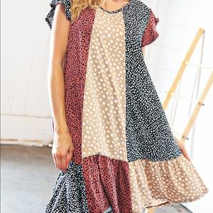 Multicolor Vertical Leopard Print Color Block V Neck Dress